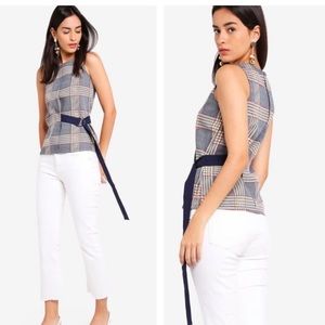 NWT Zalora Belted Loop Blouse Top Blue Check XS